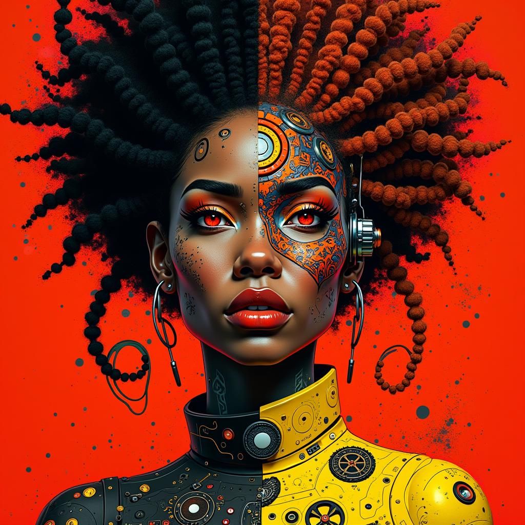 Afro-Futurist Woman Portrait in Cyberpunk Style