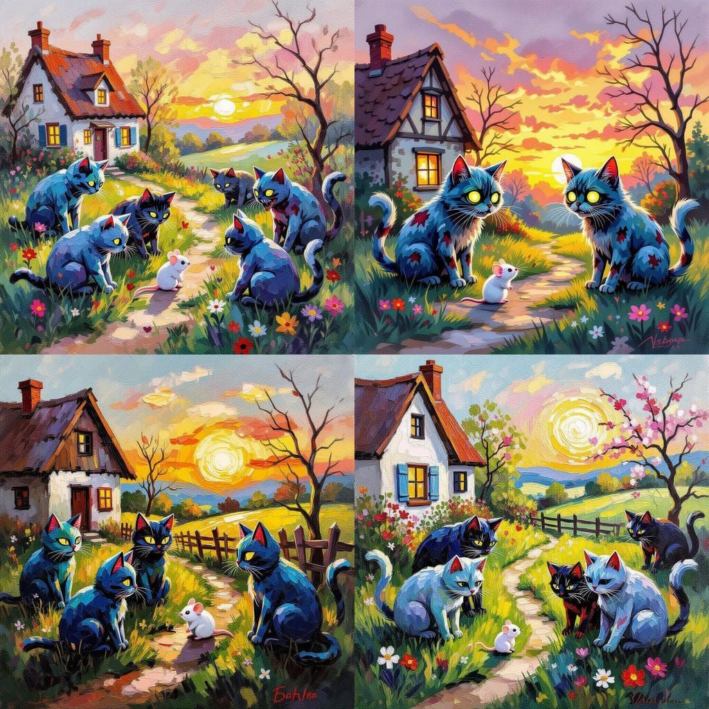 Zombie Cats Discover Mouse Near Cottage in Spring Sunset Wat...