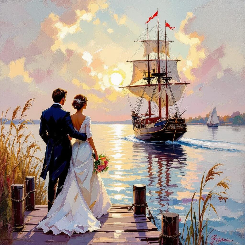 Elegant Couple Watching Ship: Renaissance Impressionism