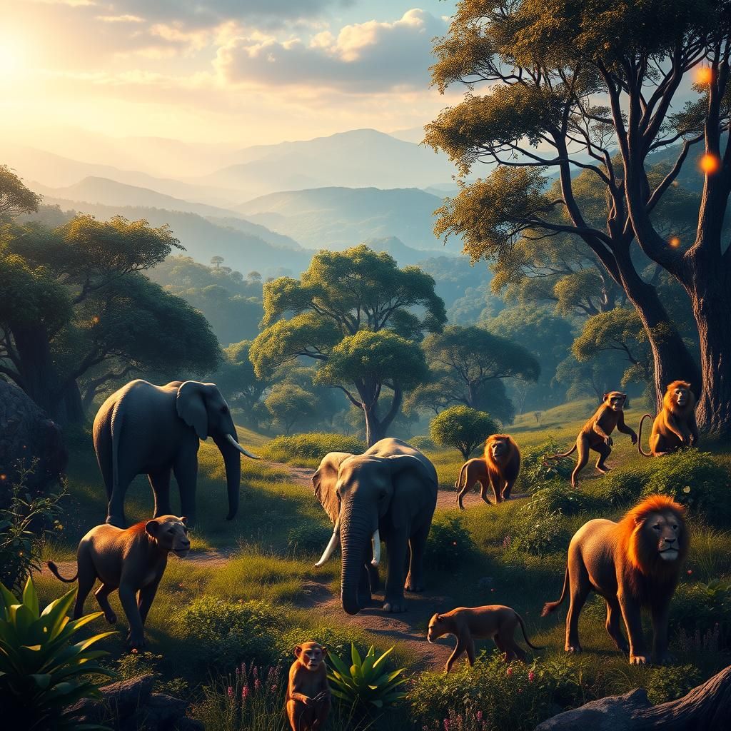 Wildlife Conservation in Lush Fantasy Landscape