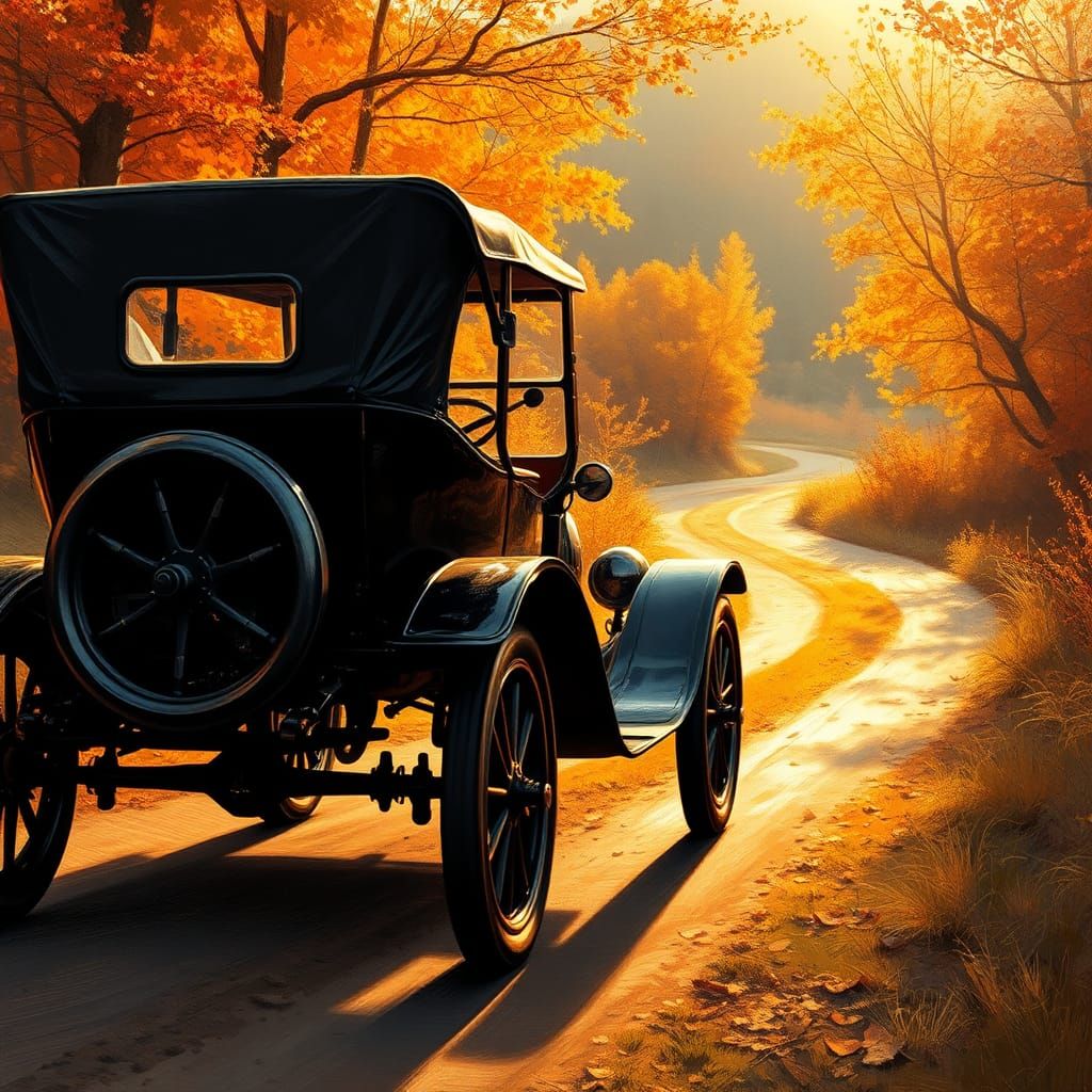 Vintage T-Ford on Autumn Road as Oil Painting