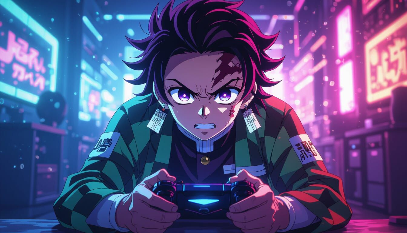 Demon Slayer Character Gaming with Neon Glow