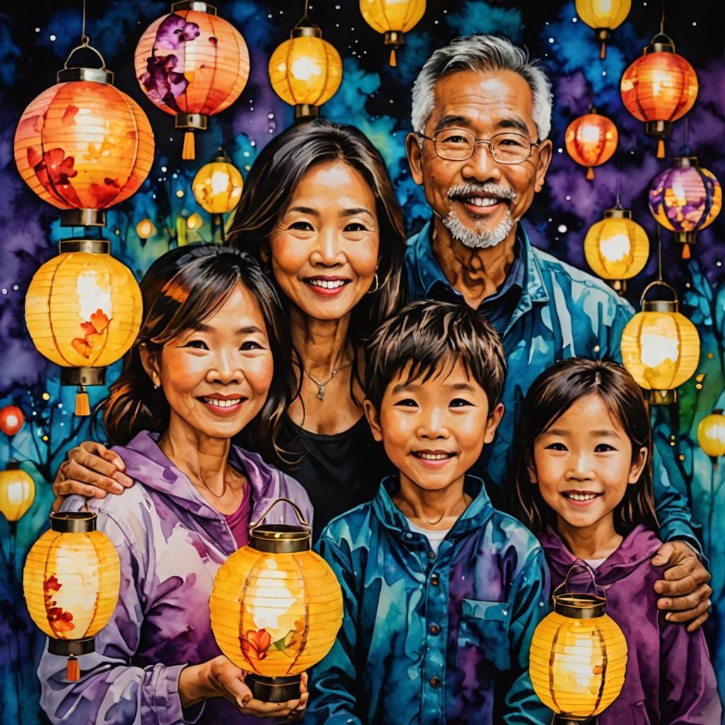Family Portrait at Lantern Festival in Mixed Media Style