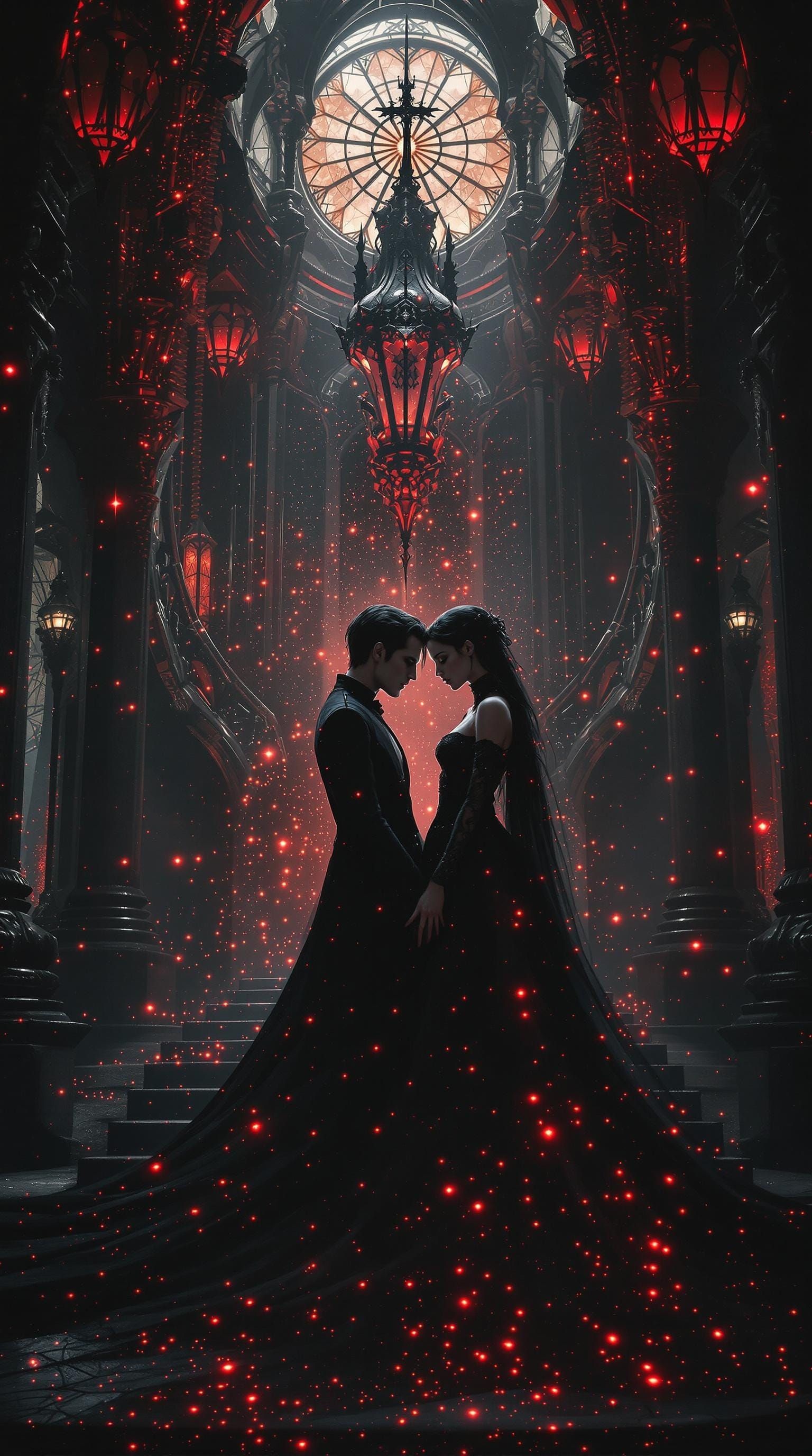 Ethereal Vampire Couple in a Dark Glass Palace of Mystical F...