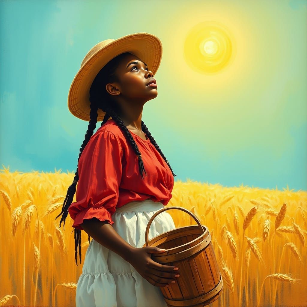African American Woman in Sun-Drenched Wheat Field, American...