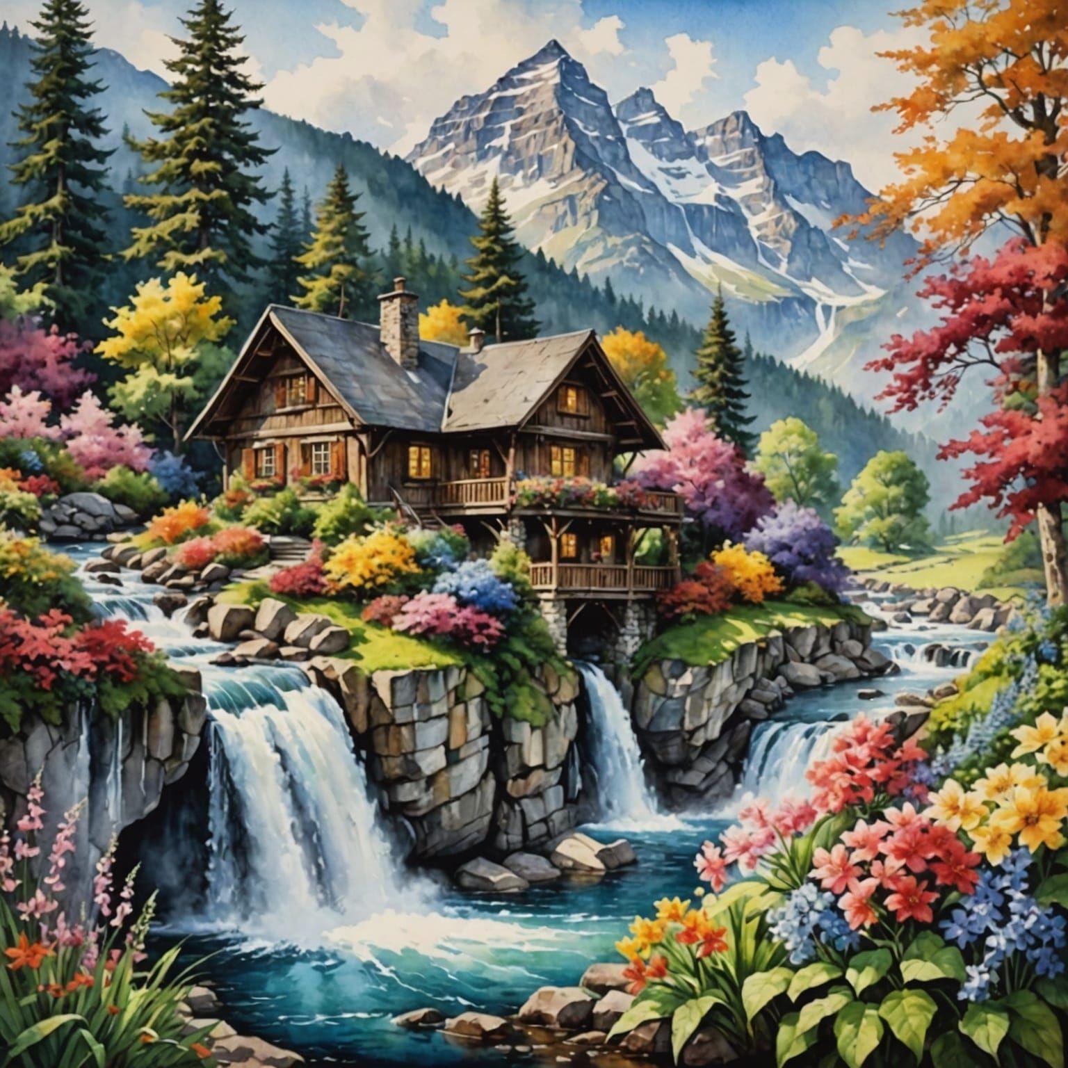 Watercolor Landscape with Waterfall and Chalet