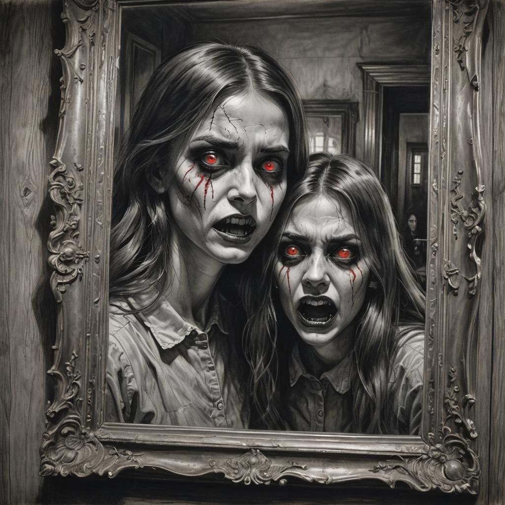 Girl and Ghost in Mirror: Hyperdetailed Charcoal Drawing