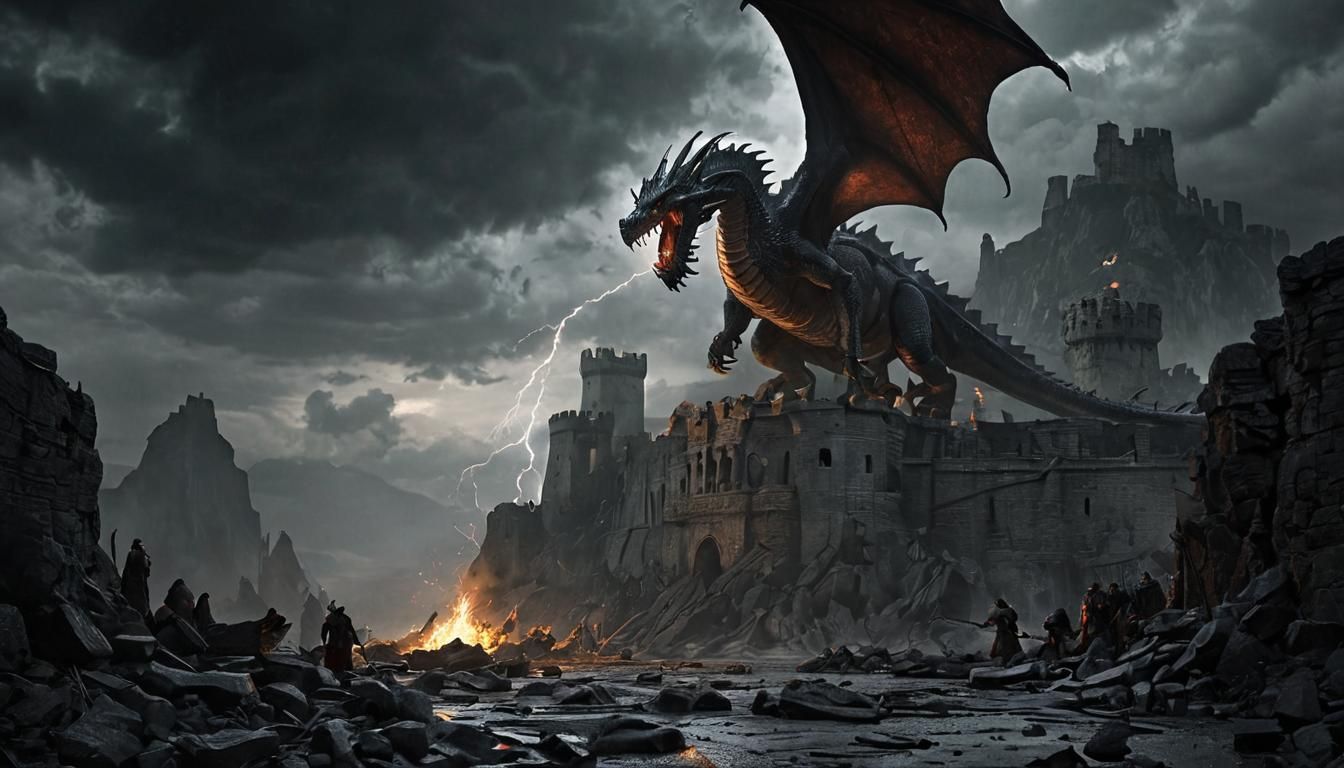 Epic Dragon Battle in Stormy Medieval Landscape