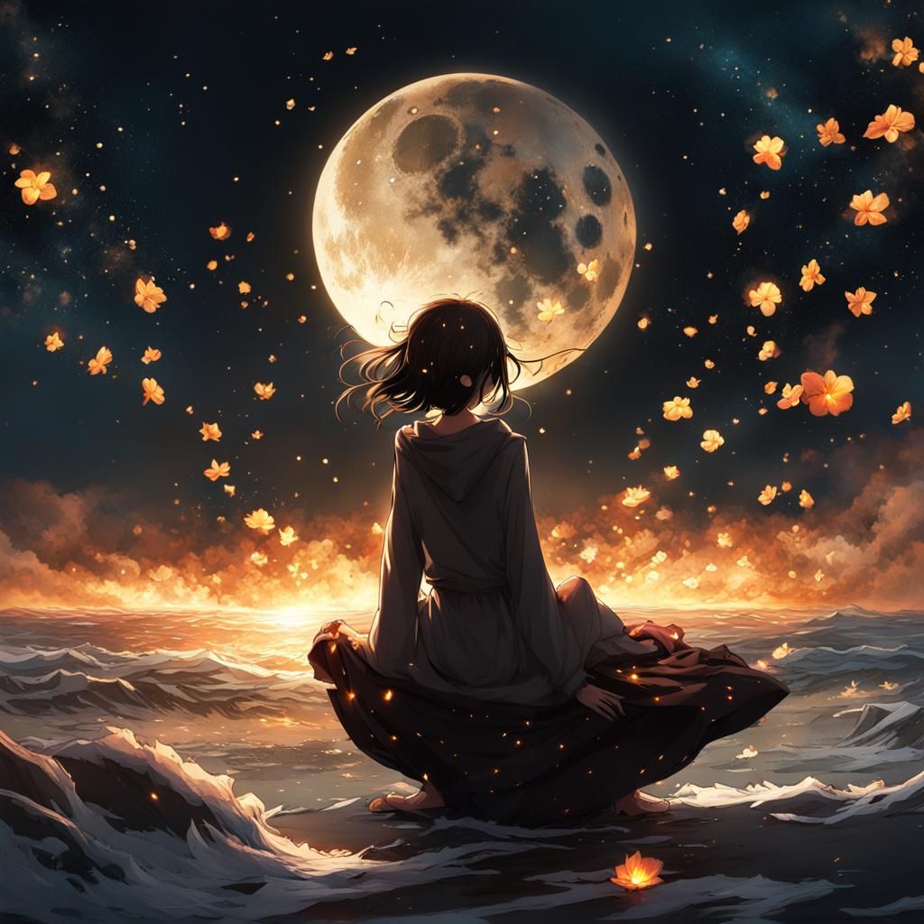 Noir Anime Girl Gazing at Falling Stars