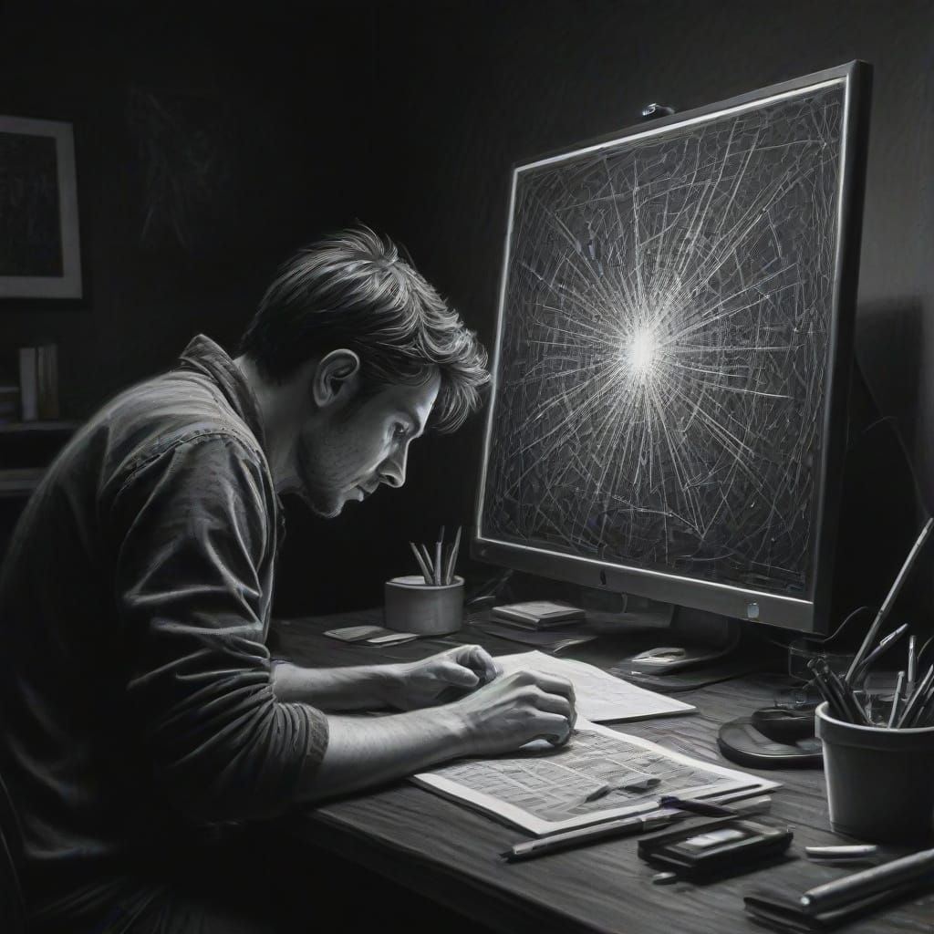 Artist Overwhelmed by Digital Data in Charcoal Sketch