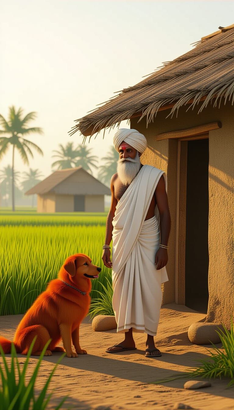 Indian Farmer with Dog: 3D Cartoon Village Scene