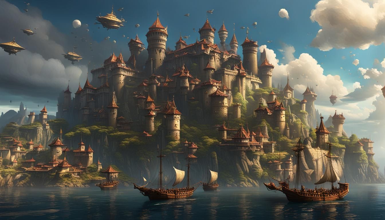 Fantasy Island Citadel with Skyships, Hyperdetailed Art