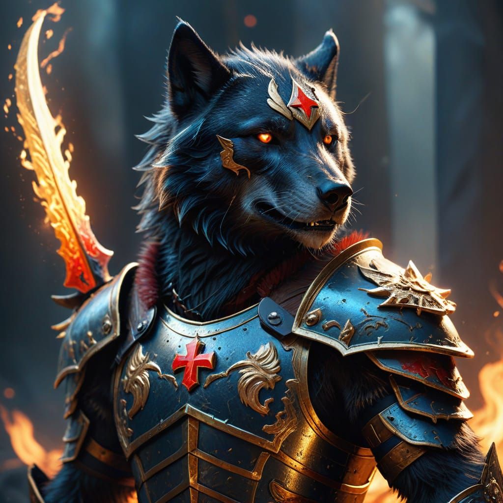 Armored Wolf Warrior with Fiery Sword, Fantasy Art