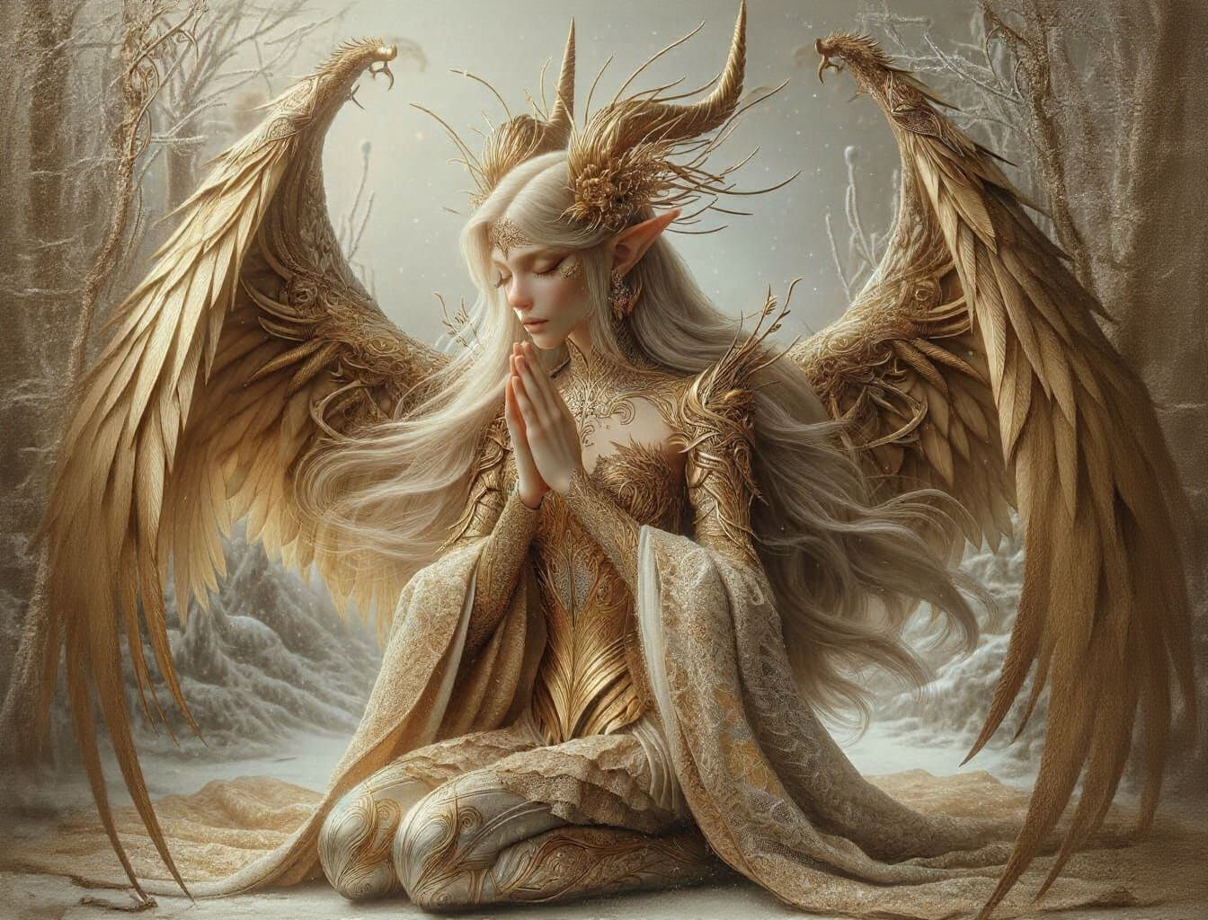 Elvish Angel Kneeling in Winter Landscape as Oil Painting