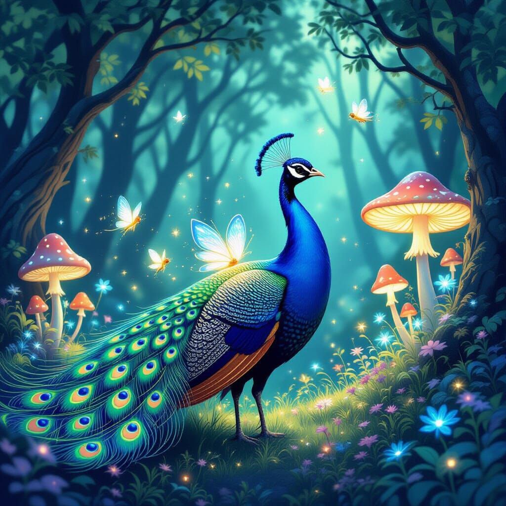 Majestic Peacock in Bioluminescent Forest Clearing