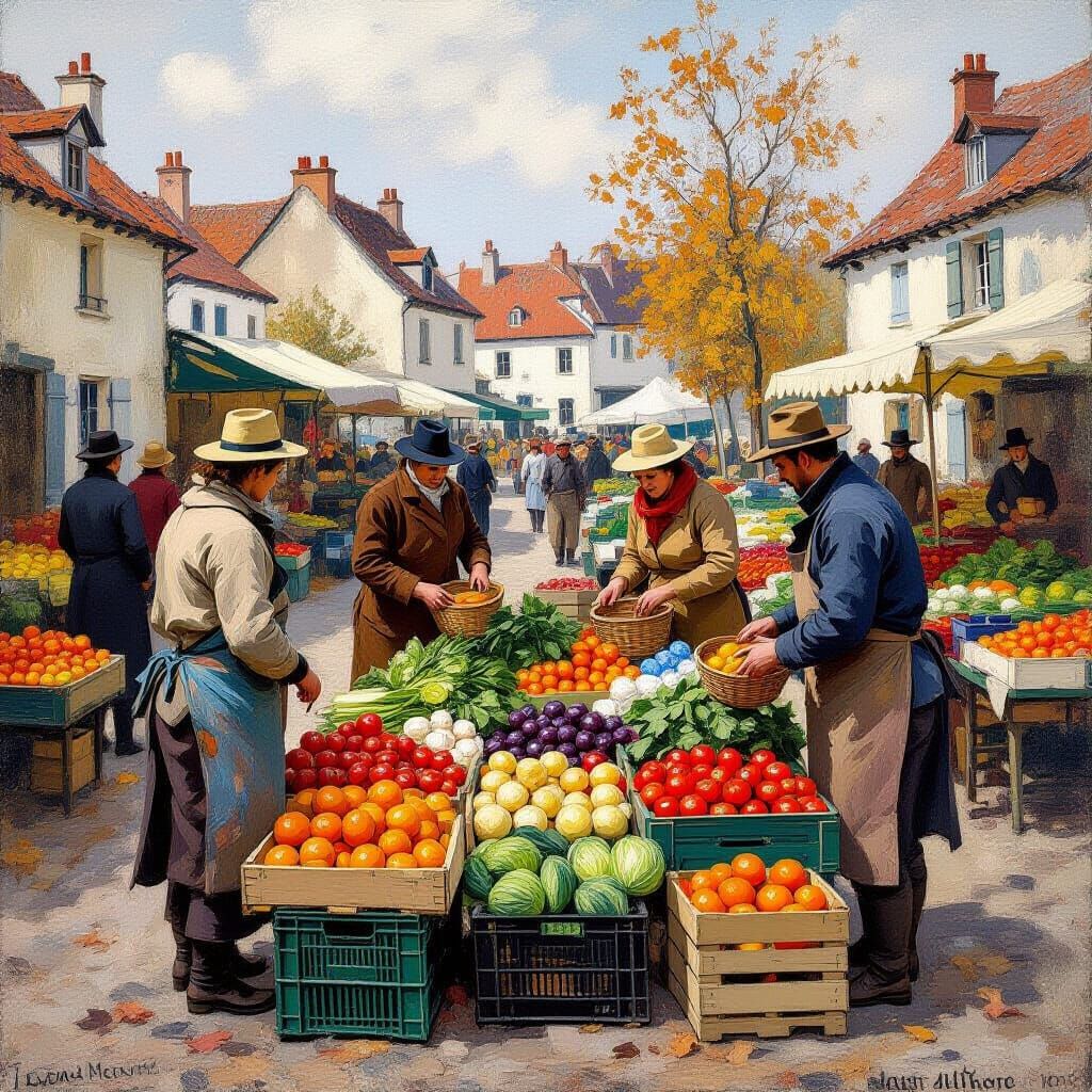 Autumn Village Market with Farmers and Harvest, Impressionis...