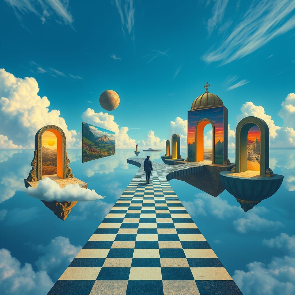 Surreal Floating Pathway Through Dreamlike Cloudscape