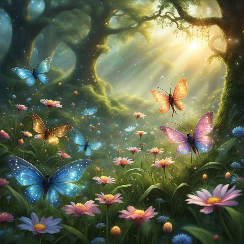 Magical Fairies Nurture Radiant Flowers in Sunlit Forest