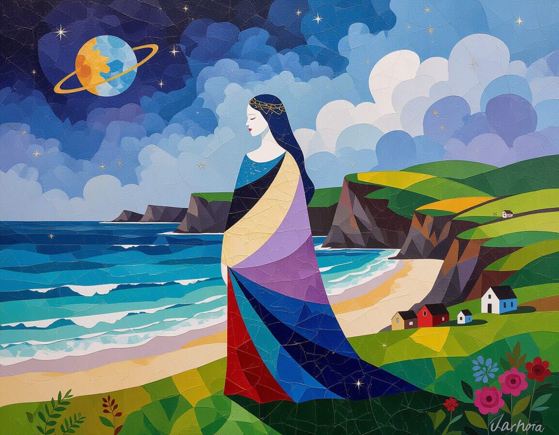 Celestial Figure in Cosmic Seascape with Grunge Oil and Wate...