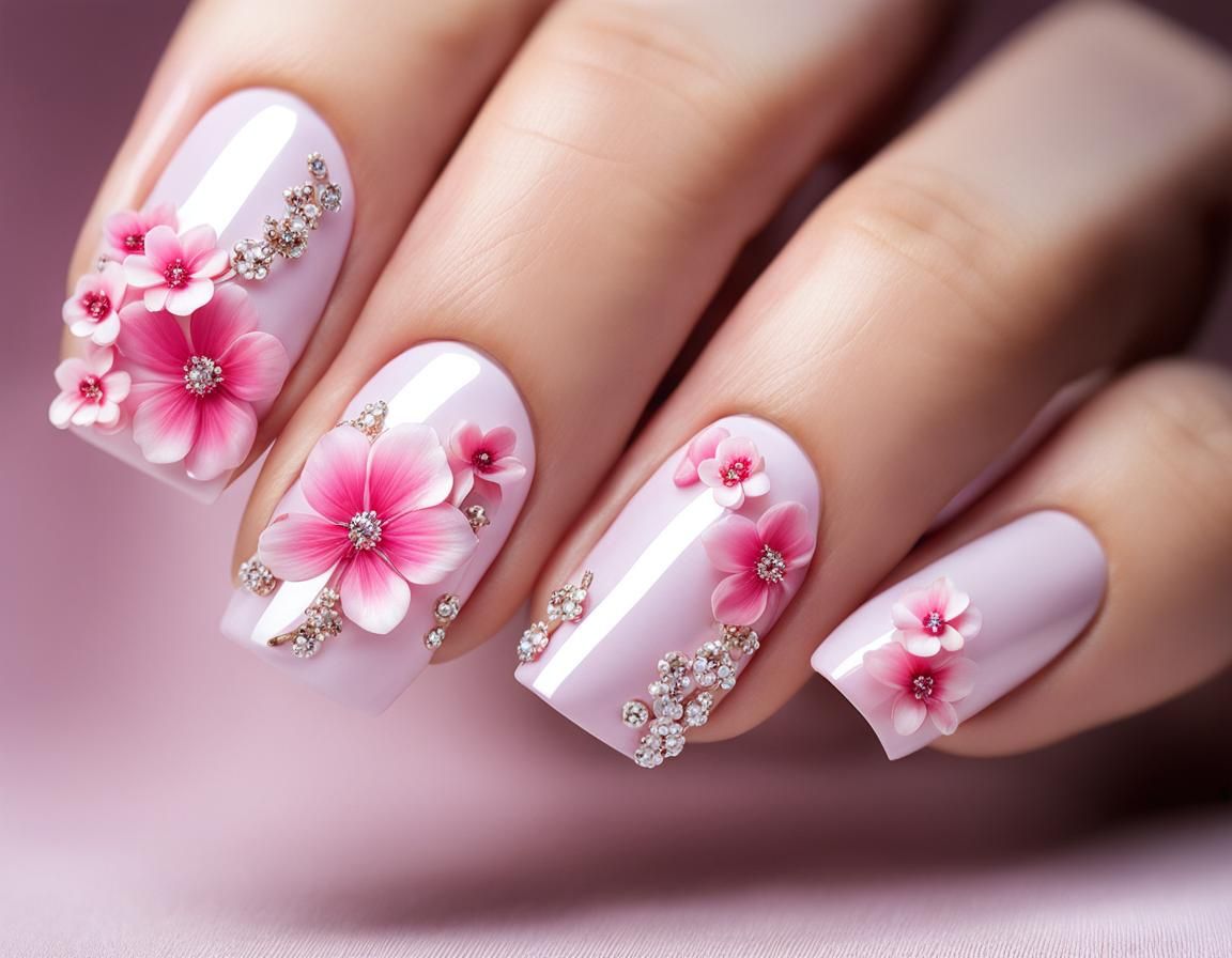 Hyperrealistic Nail Wrap with Pink Diamonds and Sakura