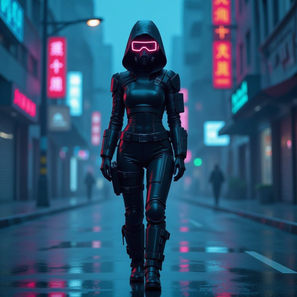 Cyberpunk Woman in Gas Mask in Radioactive City