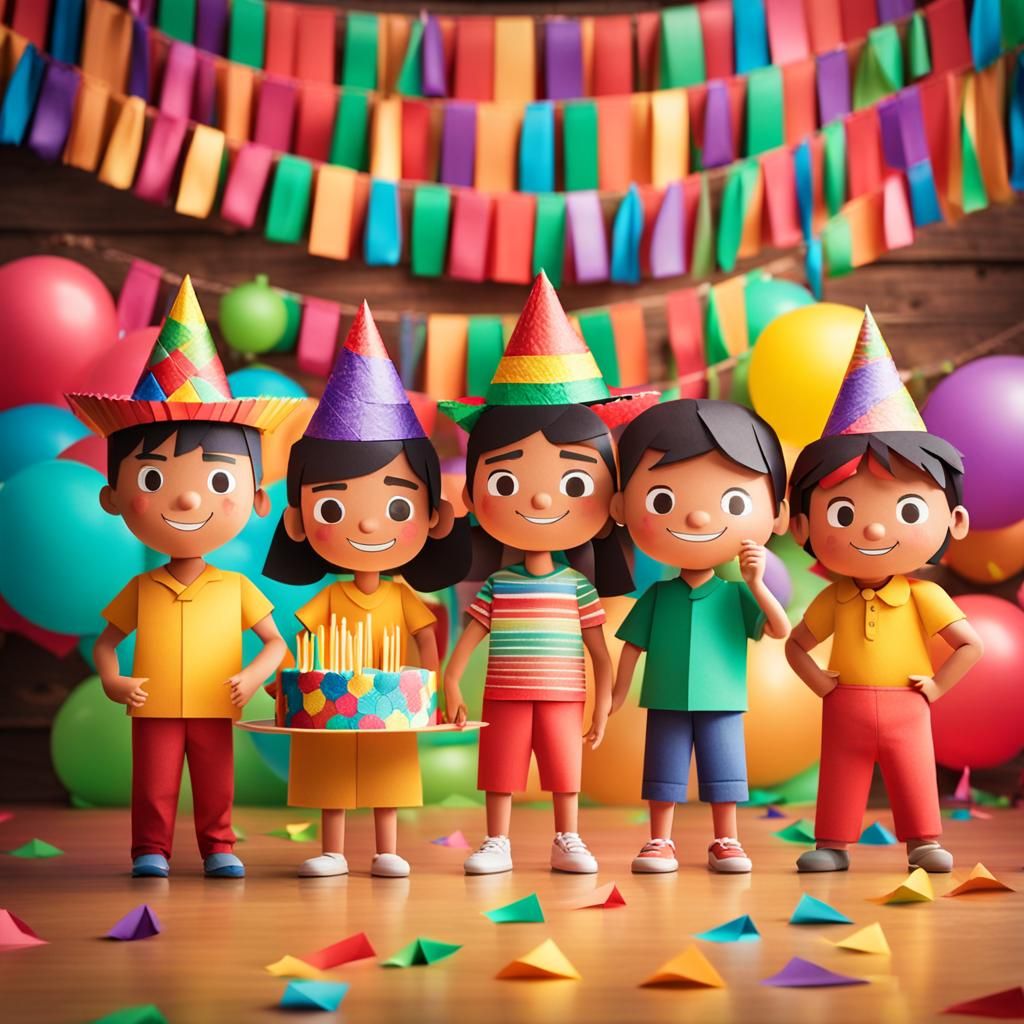 Children's Birthday Party with Pinata in Origami Style