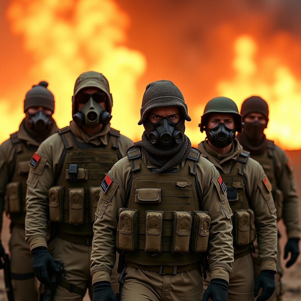 Military Operatives in Burning Landscape: Cinematic Still