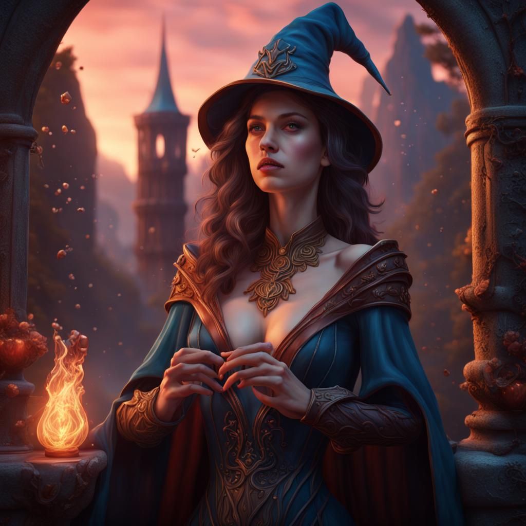 Enamored Wizard Woman: Detailed Matte Painting