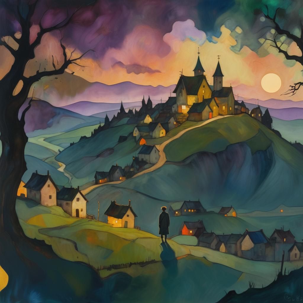 Mystical Village Figure in Expressionist Painting Style