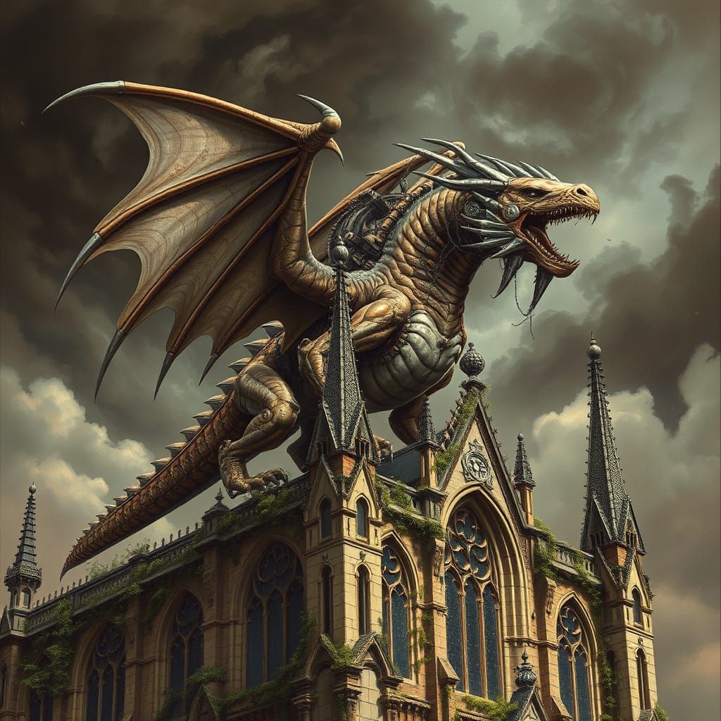 Biomechanical Dragon Perched Atop Gothic Cathedral