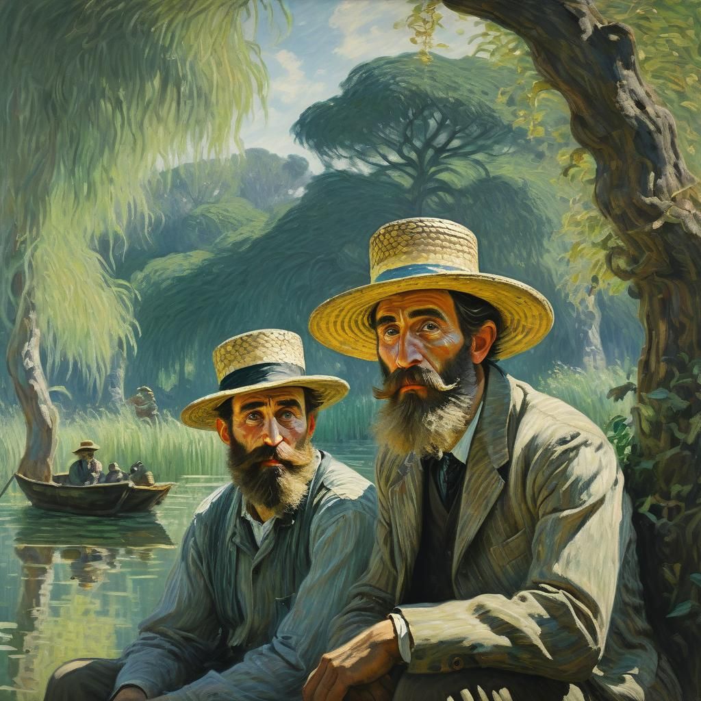 Surreal Impressionist Men with Snake in Watery Landscape