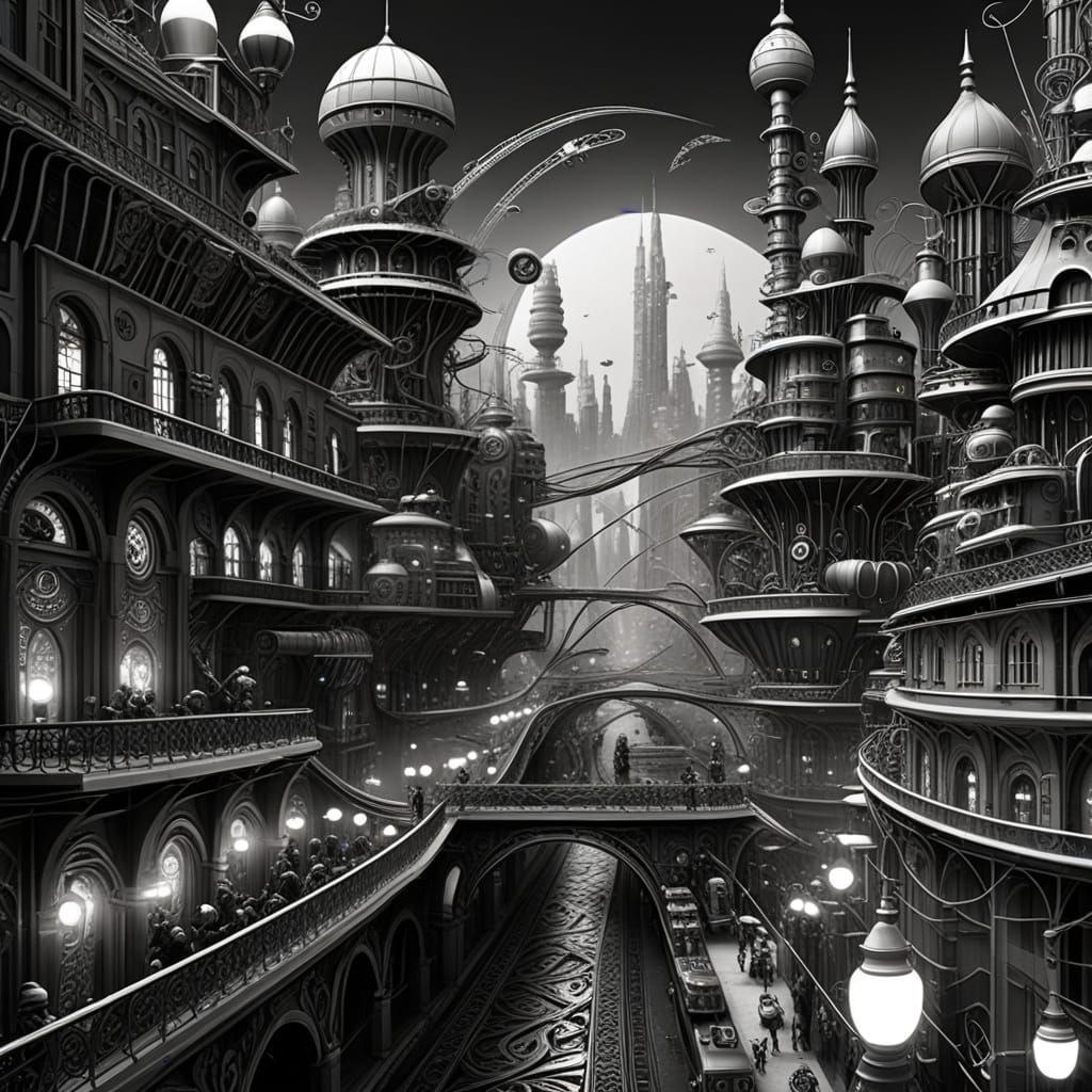 Monochrome Steampunk City of Filigree Wires