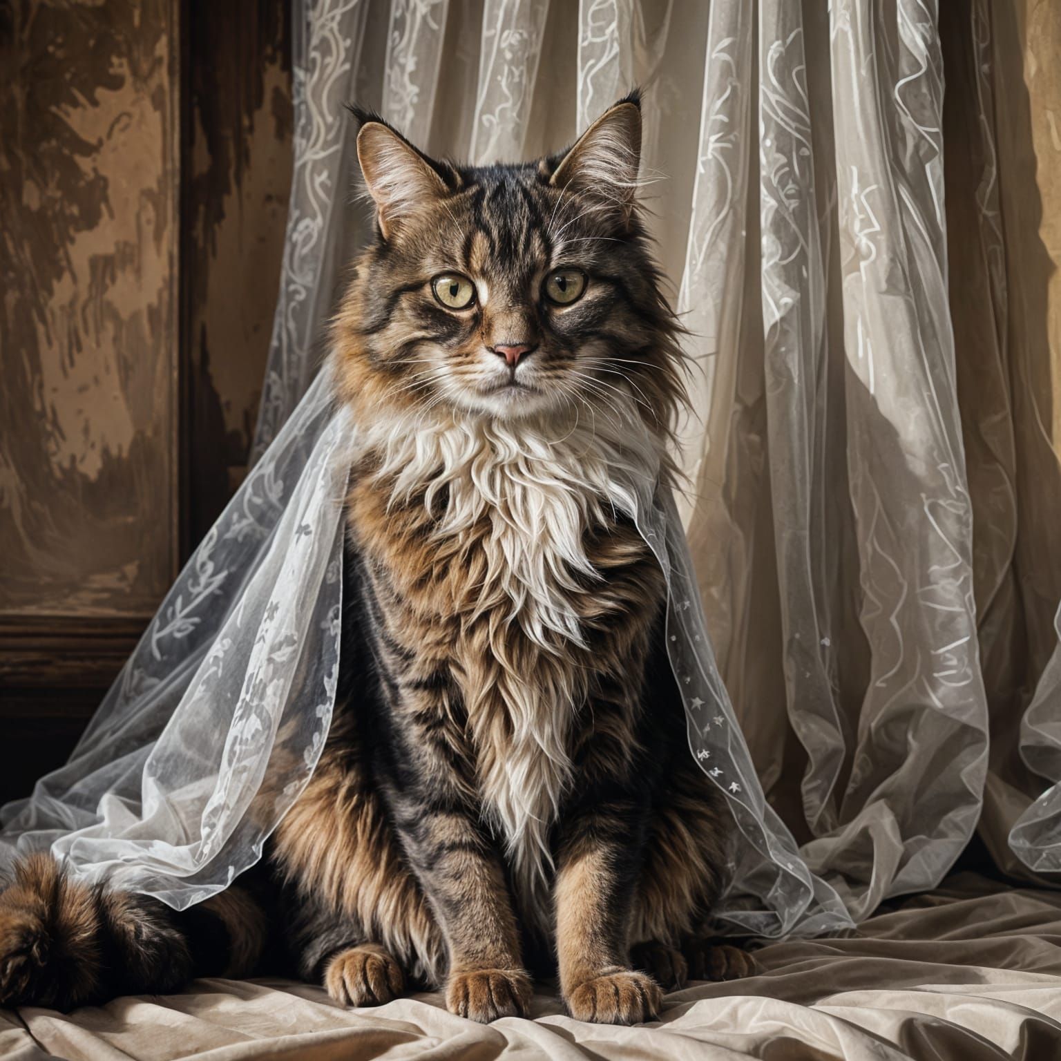 Chiaroscuro Painting of a Fluffy Cat at Night