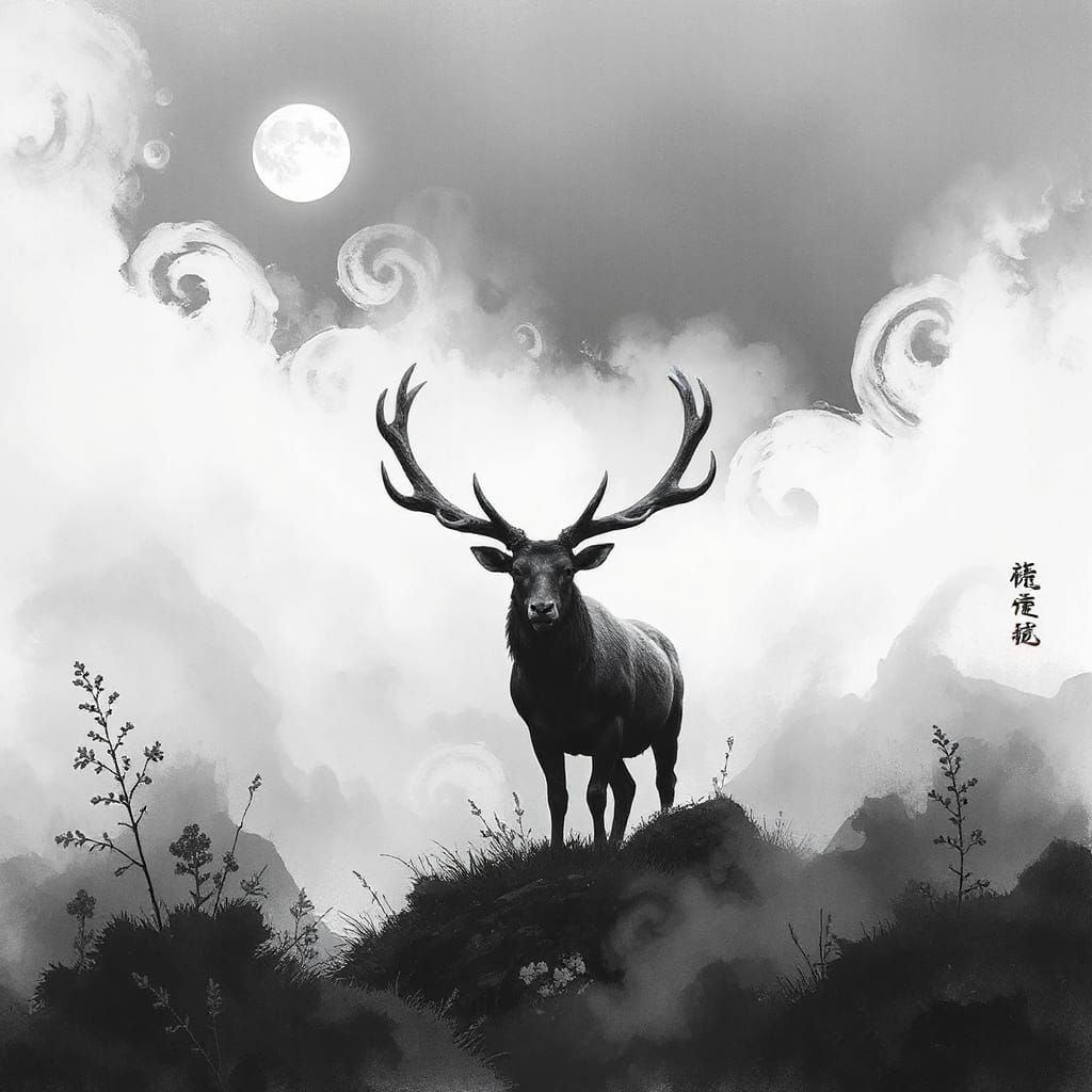 Monochrome Fog-Shepherd in Sumi-e Style