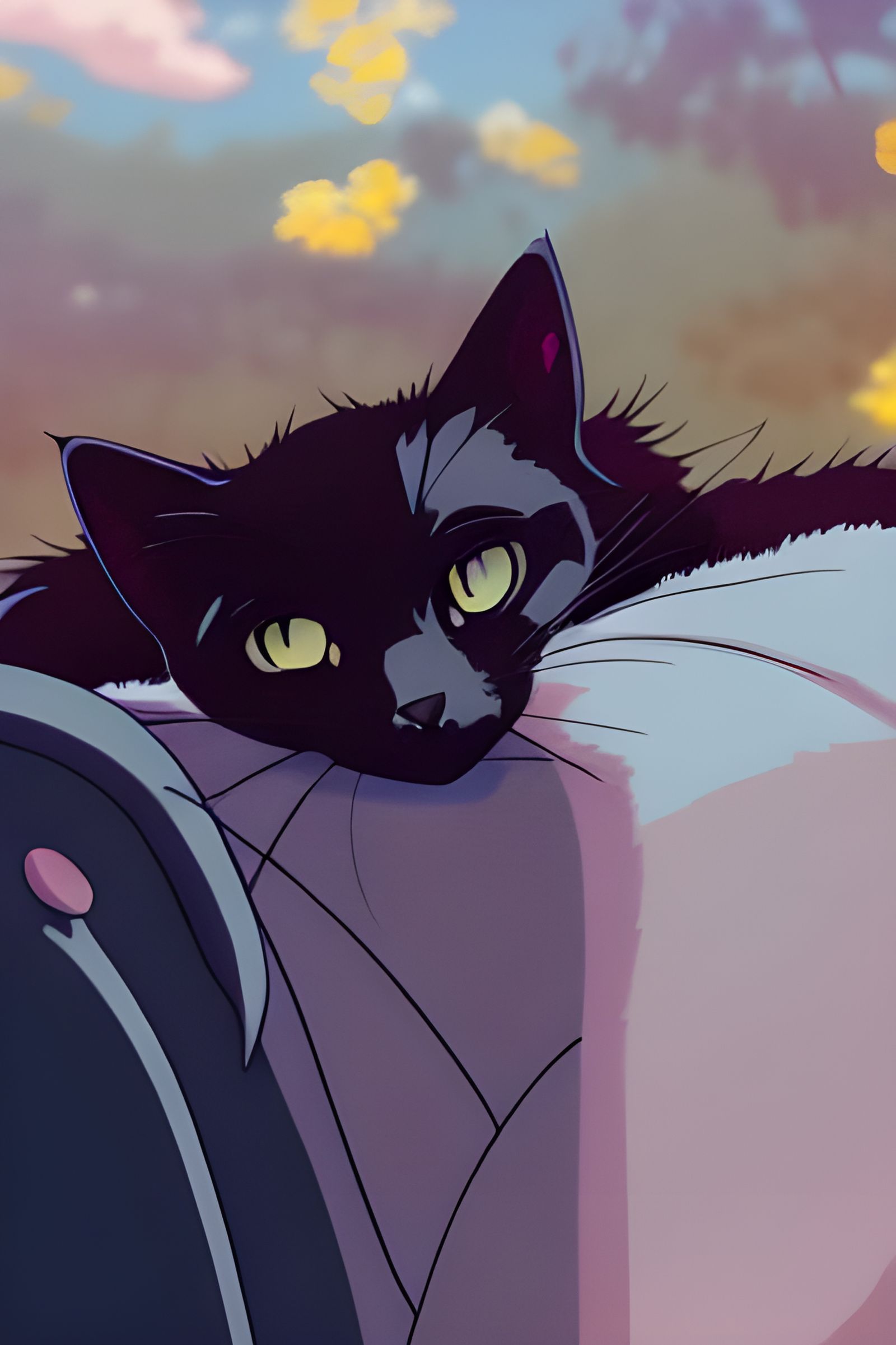Cute Black Kitten Sleeping, Ghibli-esque Anime Style