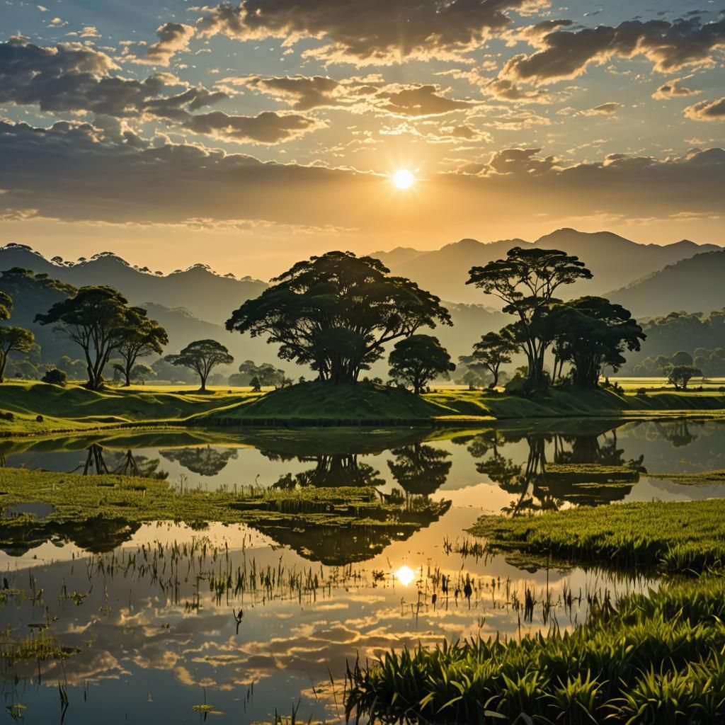 Serene Dawn Landscape in Pointillism Style