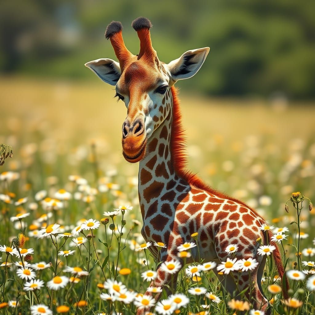 Affectionate Giraffes in Sunny Daisy Field, Wildlife Realism