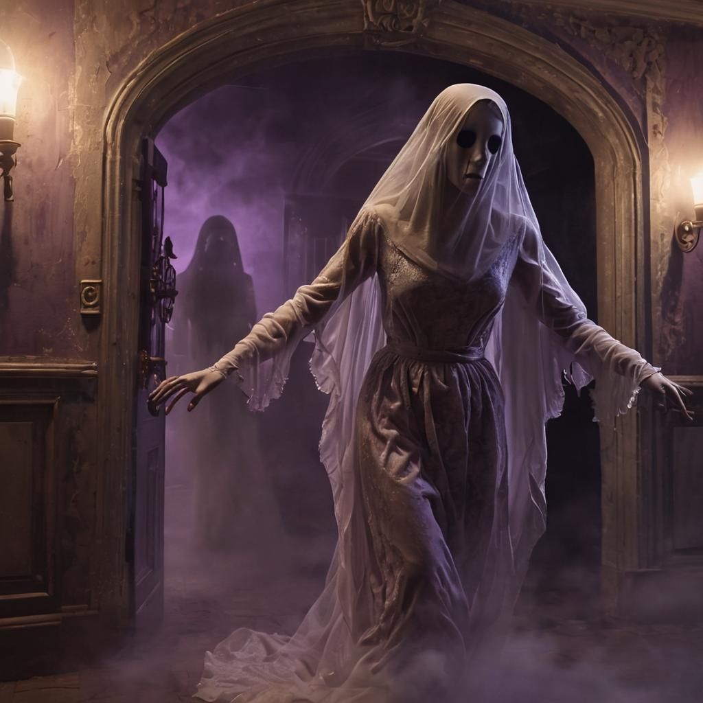 Ethereal Ghost Exiting Manor in Surreal Style