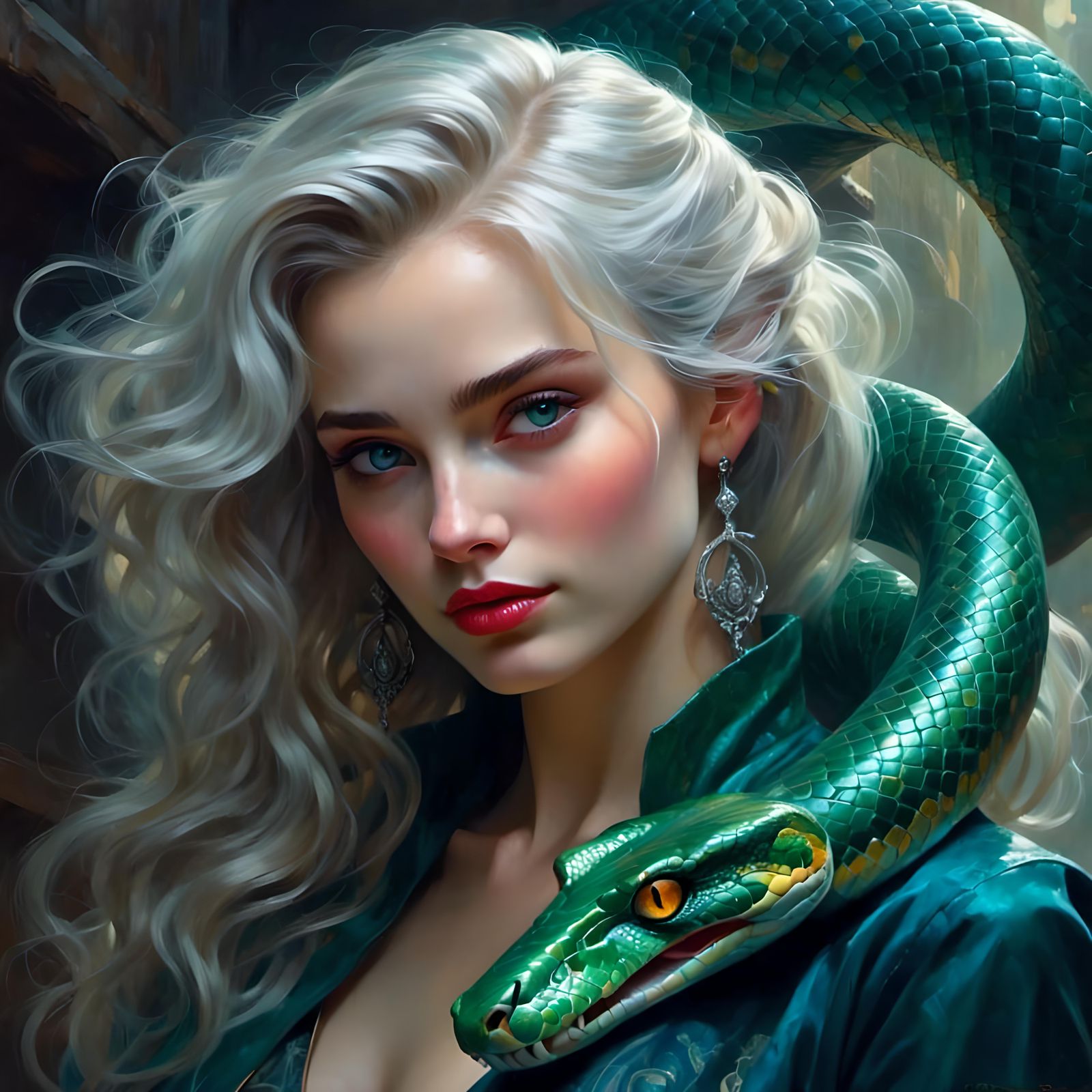 Silver-Haired Green-Eyed Demon with Snake Familiar