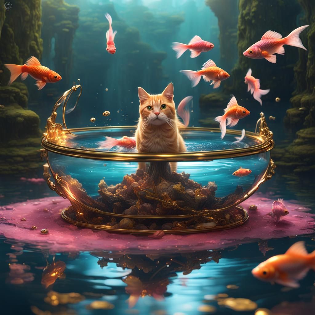 Comic Cats Watching Goldfish: Detailed Matte Painting