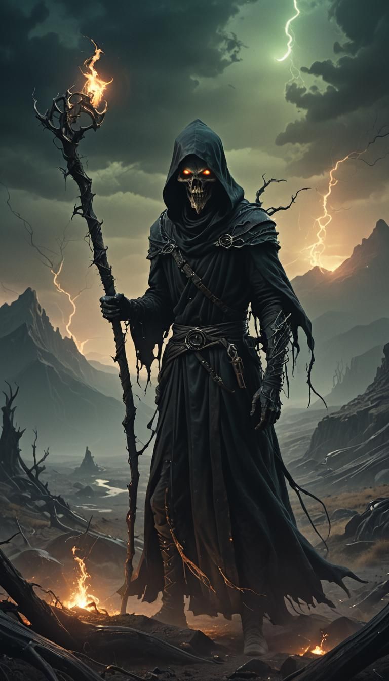 Gaunt Spectral Figure in Dark Gothic Landscape