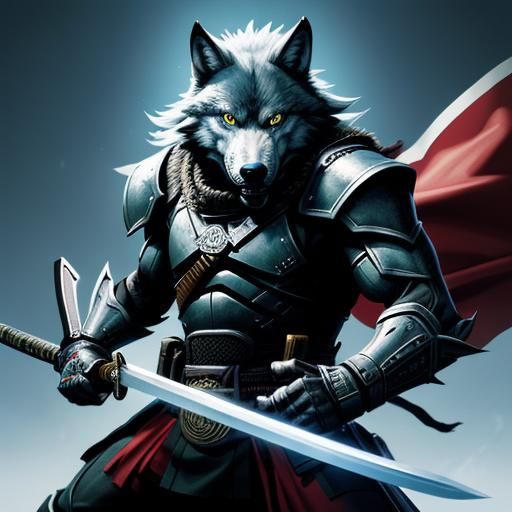 Anime Wolf Warrior with Katana and Gun