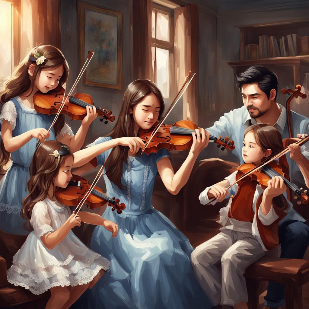 Happy Family: Violin Serenade in Hyperrealistic Detail