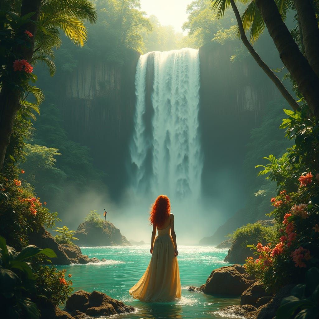 A Redheaded Woman in Awe Before Angel Waterfall