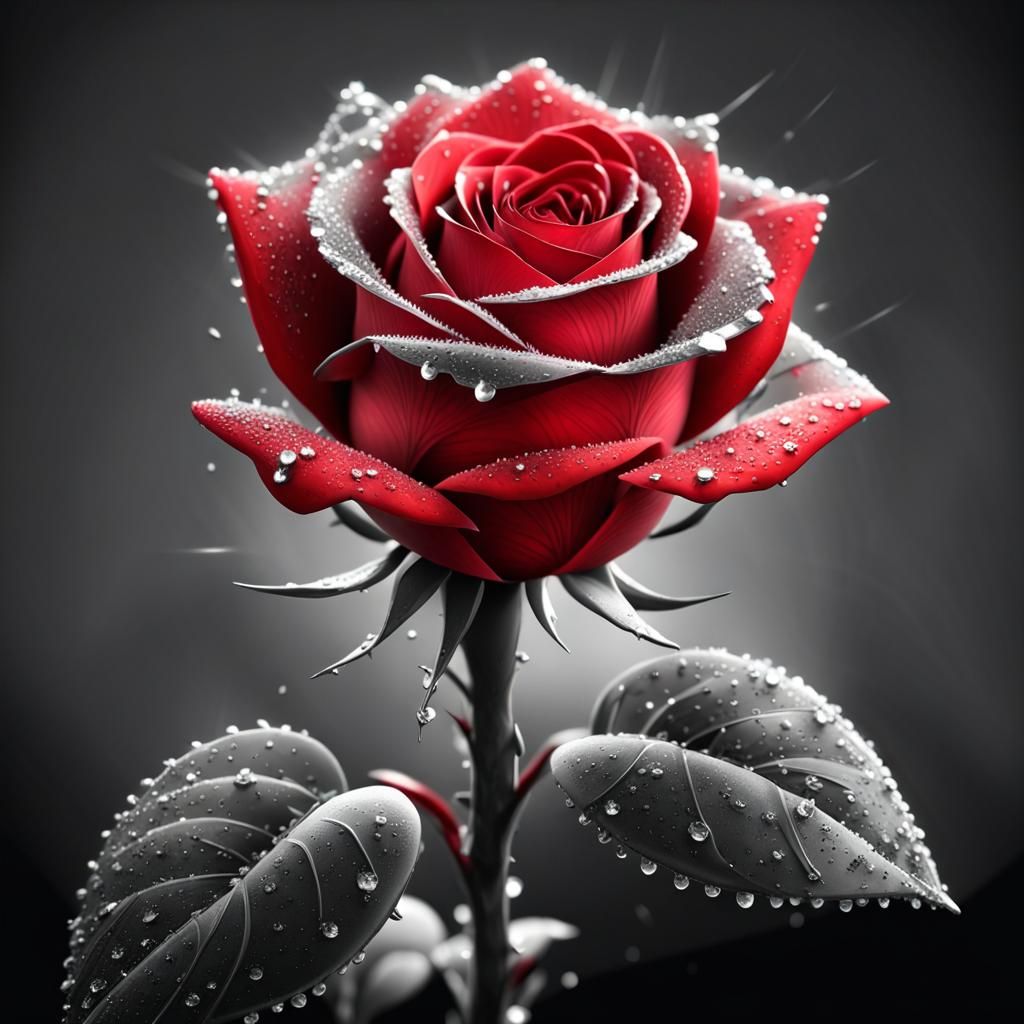 Red Rose with Diamonds in Selective Color Art