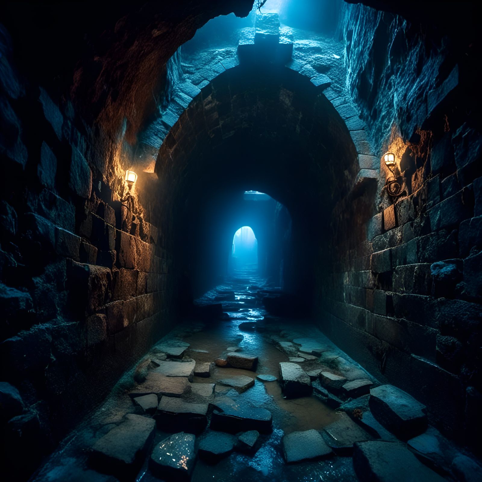 Medieval Dungeon Tunnel with Blue Mist