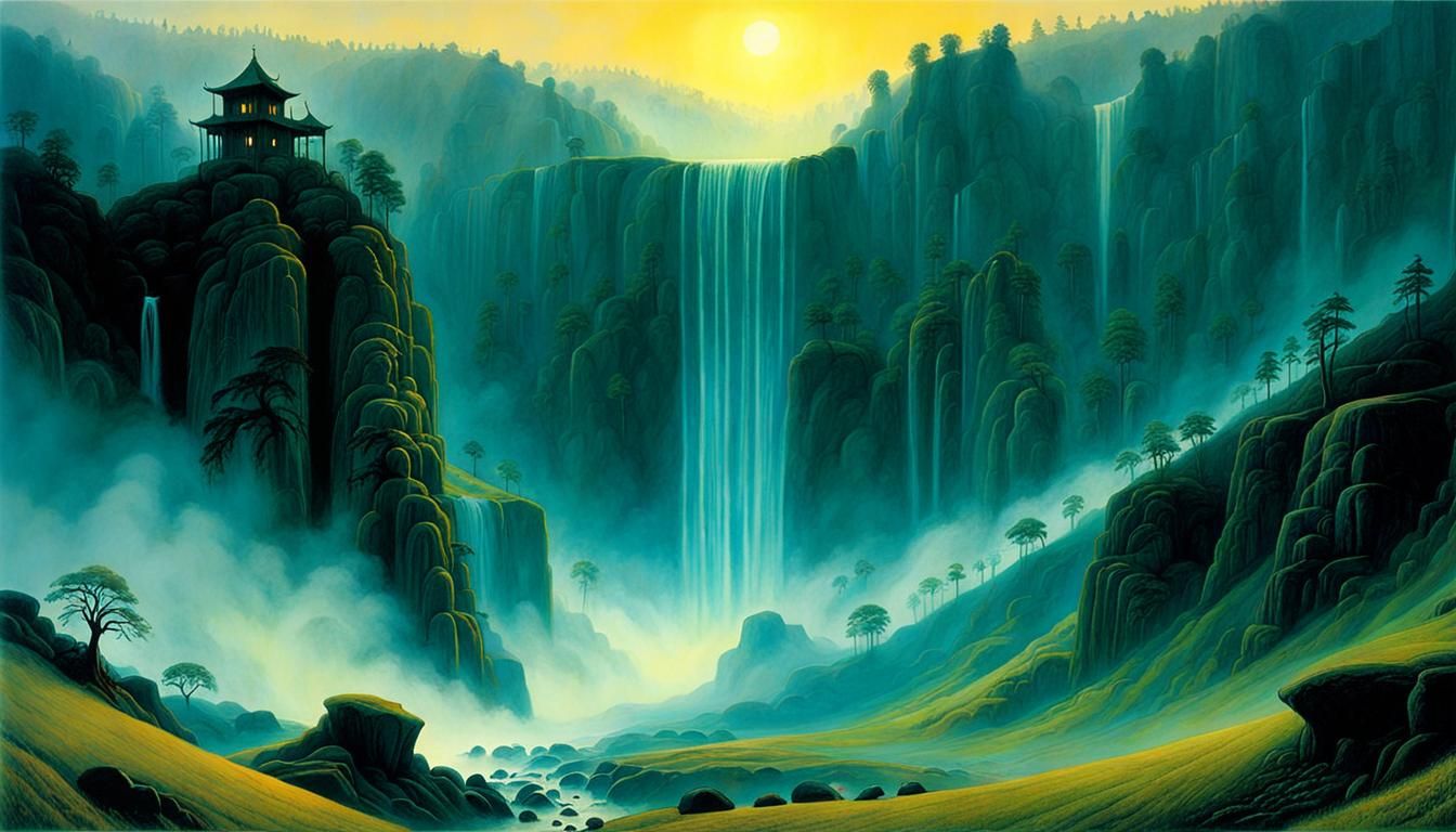 Ethereal Waterfall in Foggy Valley at Sunrise