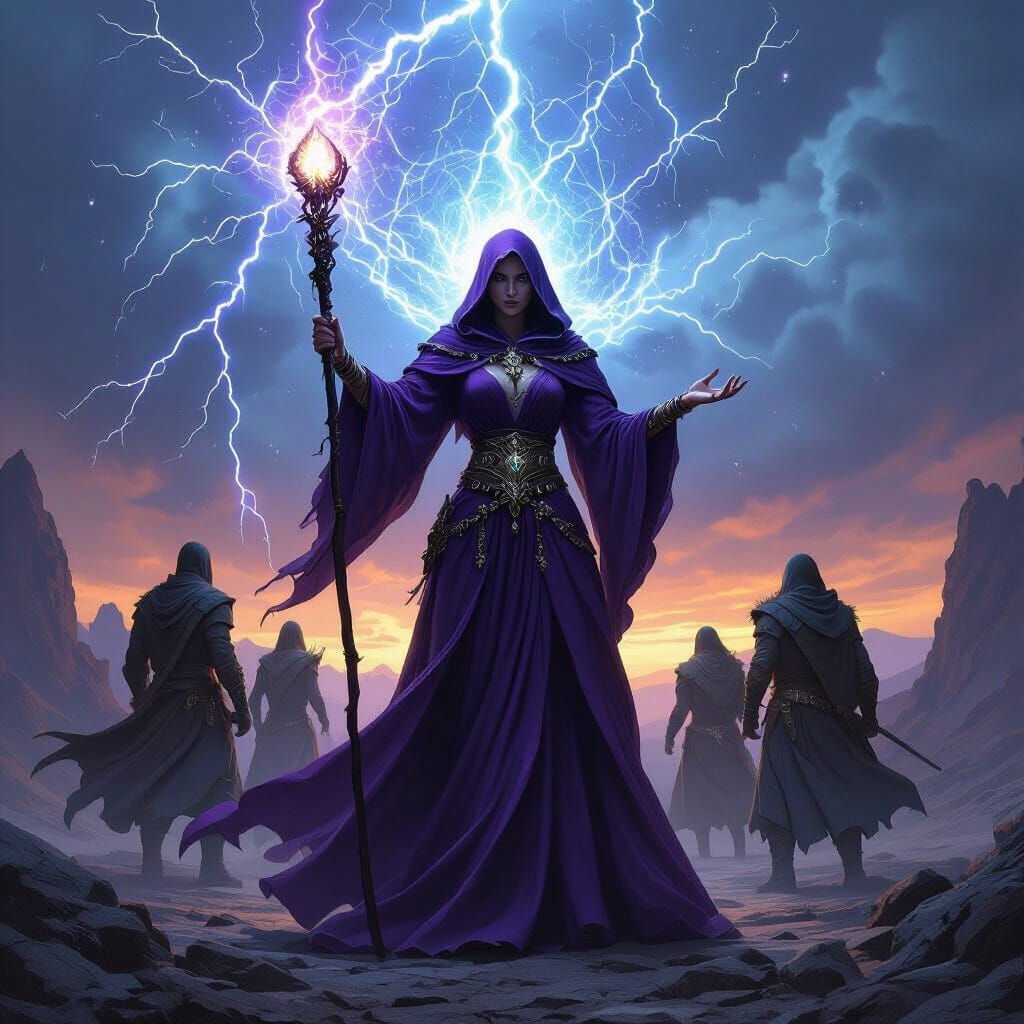 Dark Fantasy Sorceress Calls Lightning in Protective Dome