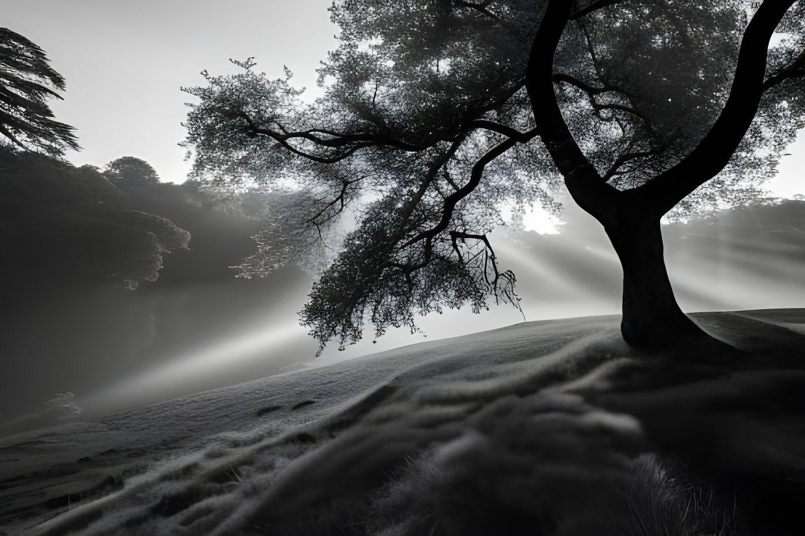 Monochrome Tree with Green Leaves: Photorealistic Art