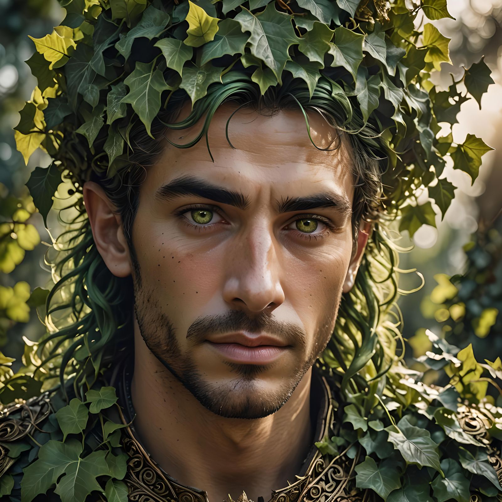 Ornate Portrait of Green-Haired Man with Ivy Crown